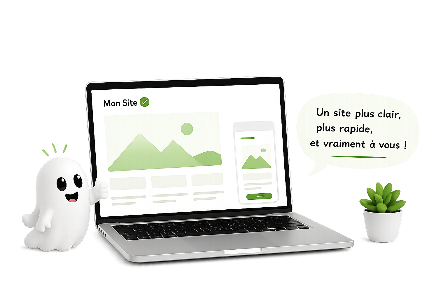 Mascotte et ordinateur présentant un site remis en ordre